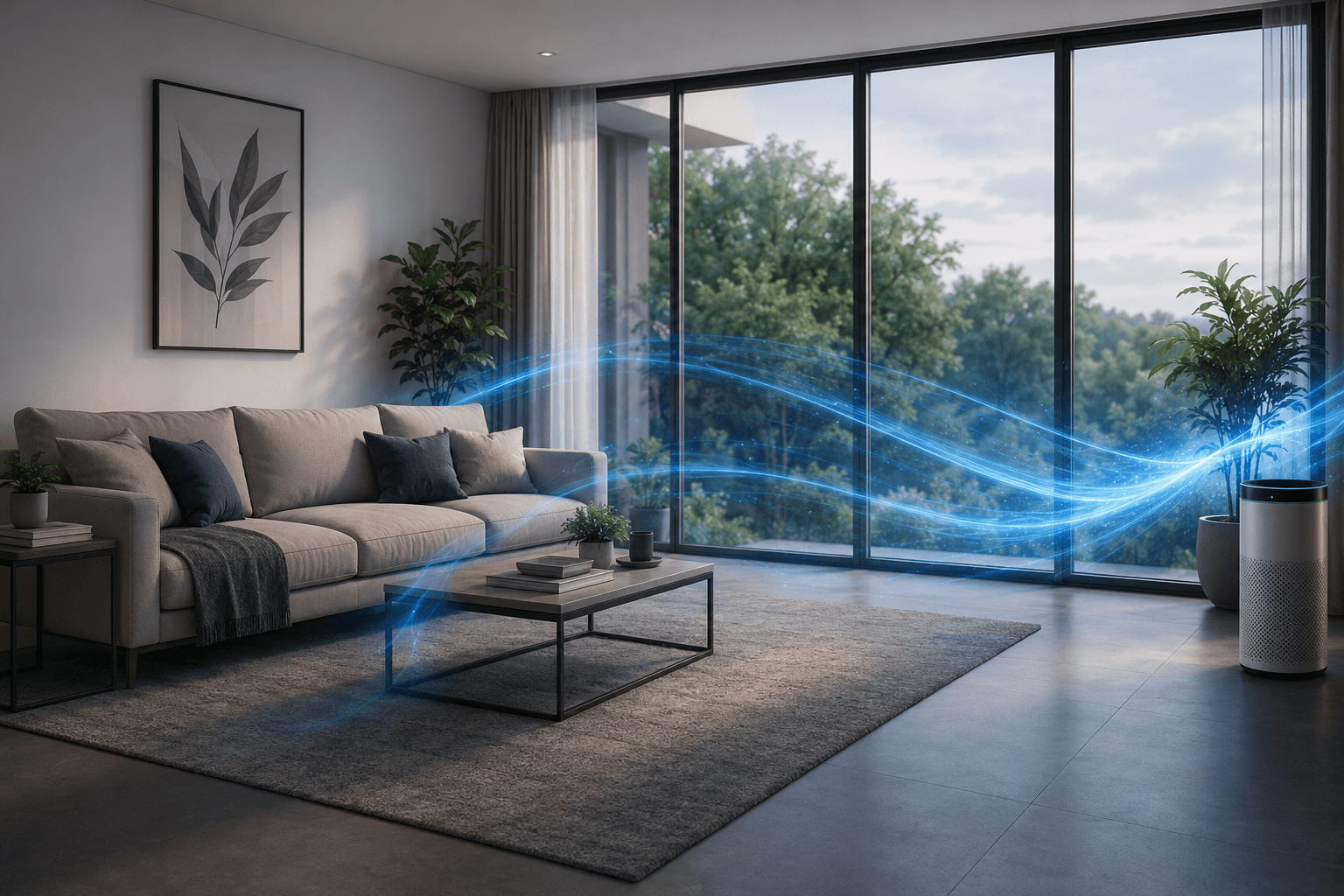 Modern living room with clean indoor air flow